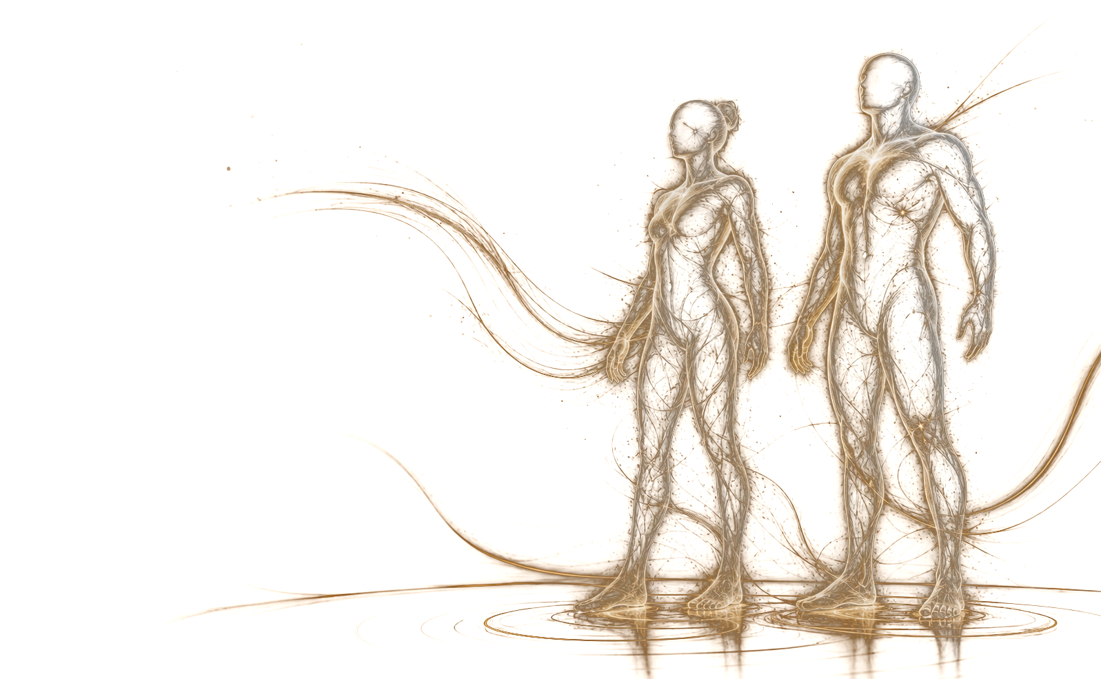 Woman and man represented as luminous aura bodies in a luxury wellness studio
